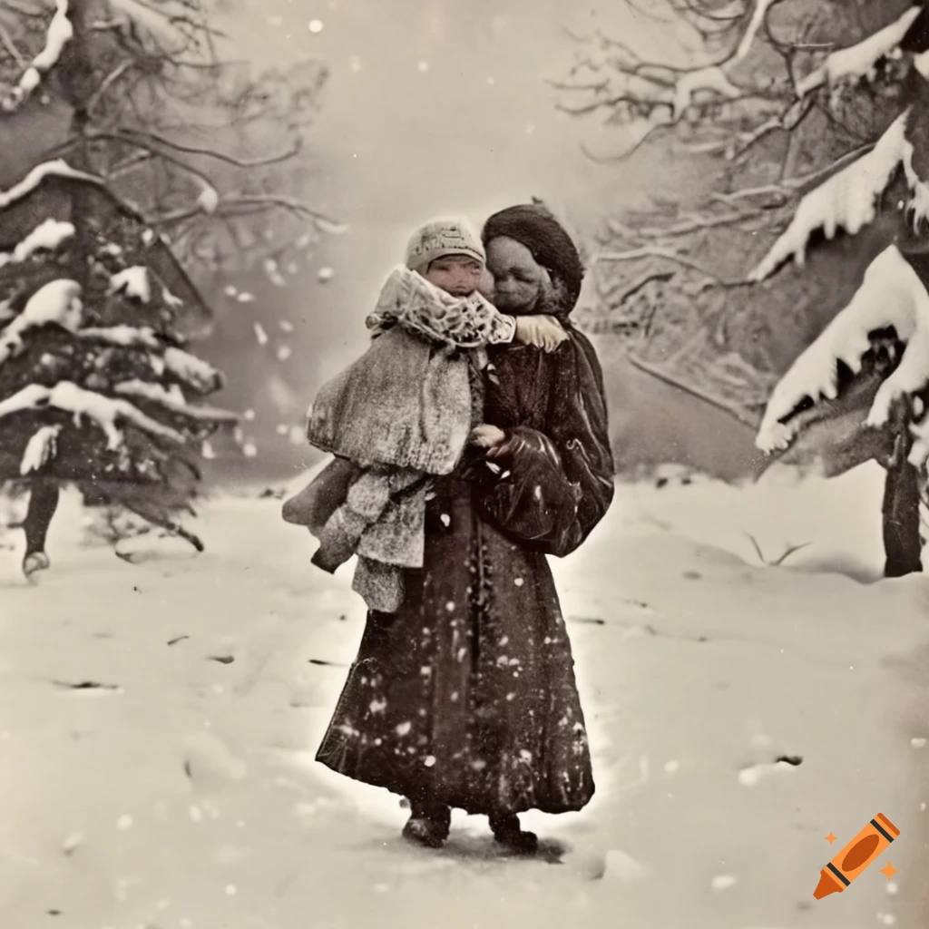 historic photograph of a Russian mother with her child in the snow