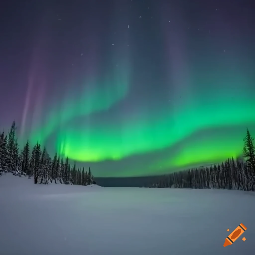 Northern lights over a snowy ice lake in lapland on Craiyon