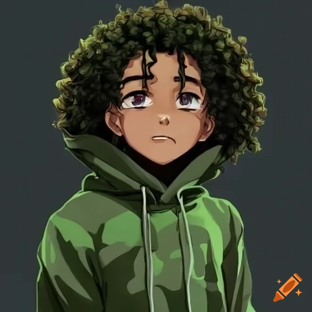 anime-style character with curly hair and green hoodie