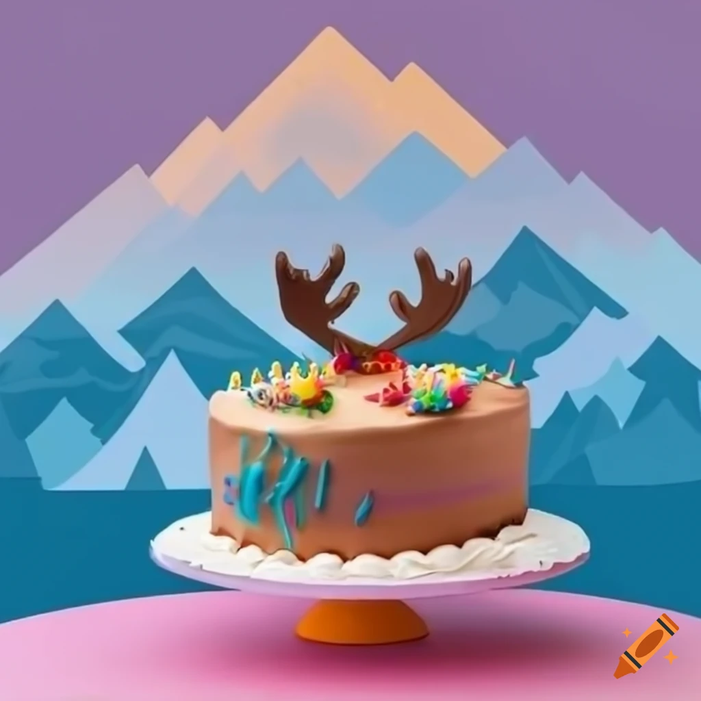 colorful moose-shaped birthday cake with mountain background
