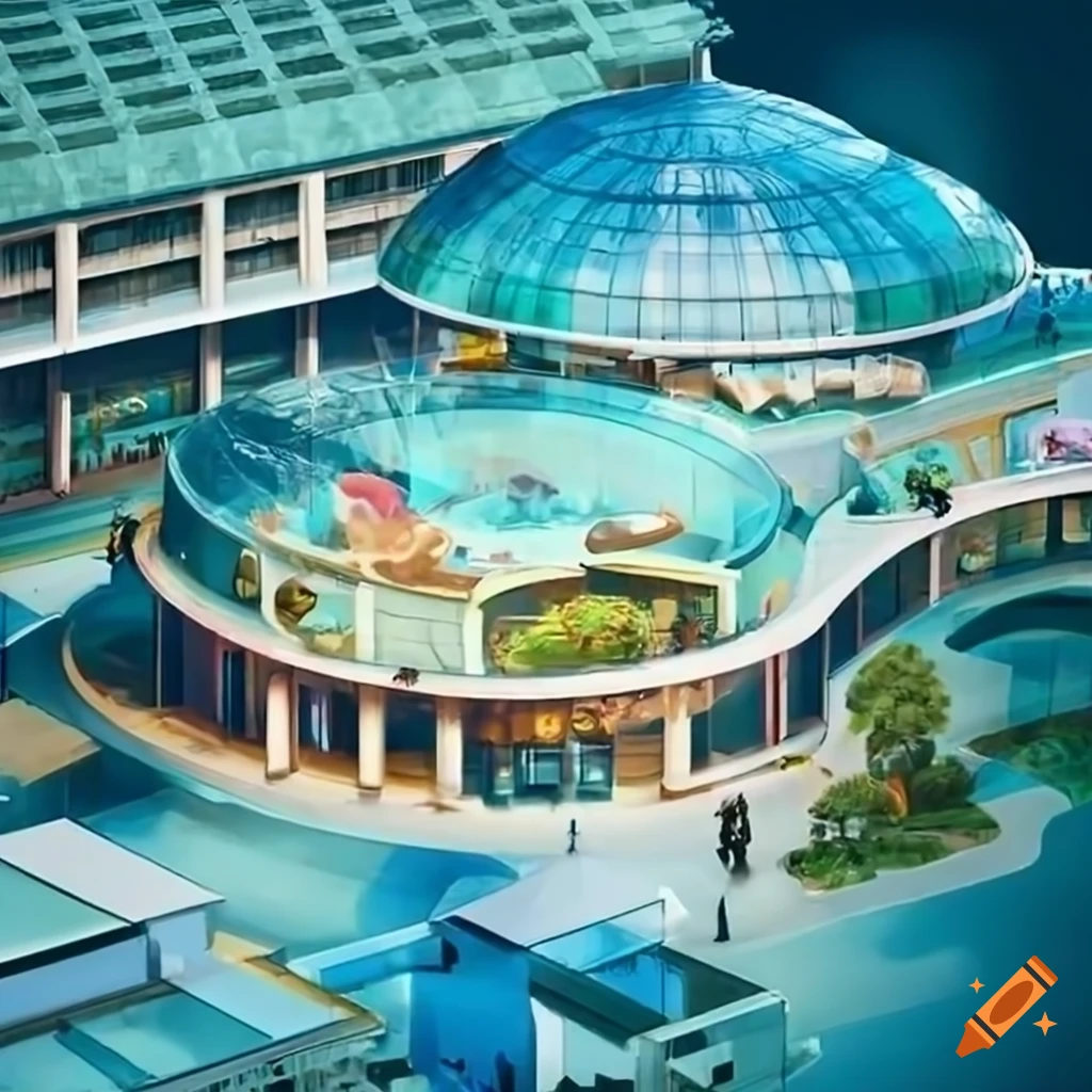 3D rendering of a glass-walled mall