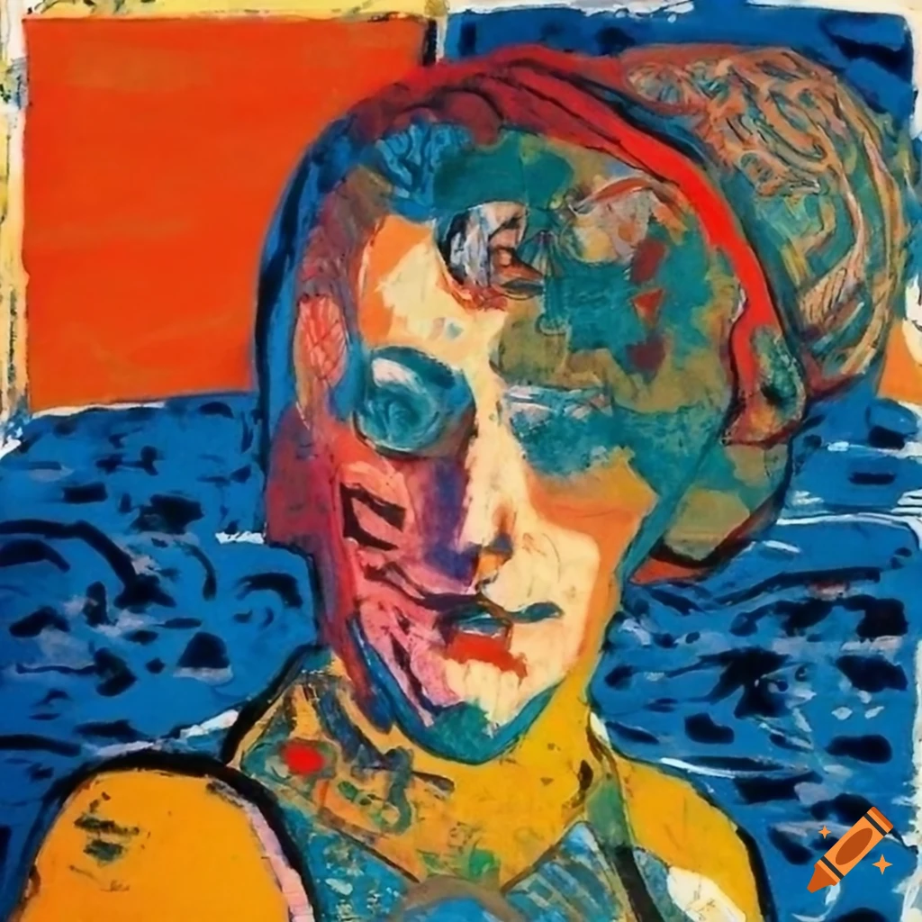 Colorful lino print collage inspired by jan voss and pierre bonnard on