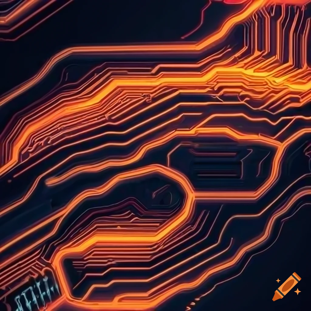 Abstract artwork of glowing orange circuit boards