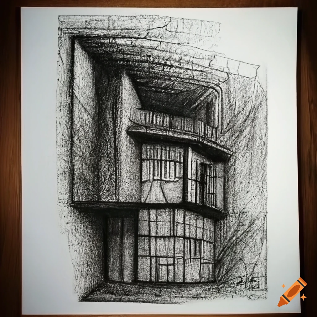 Charcoal drawing of an abstract architectural house on Craiyon
