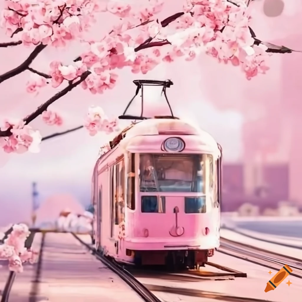 pastel artwork of a cherry blossom tram