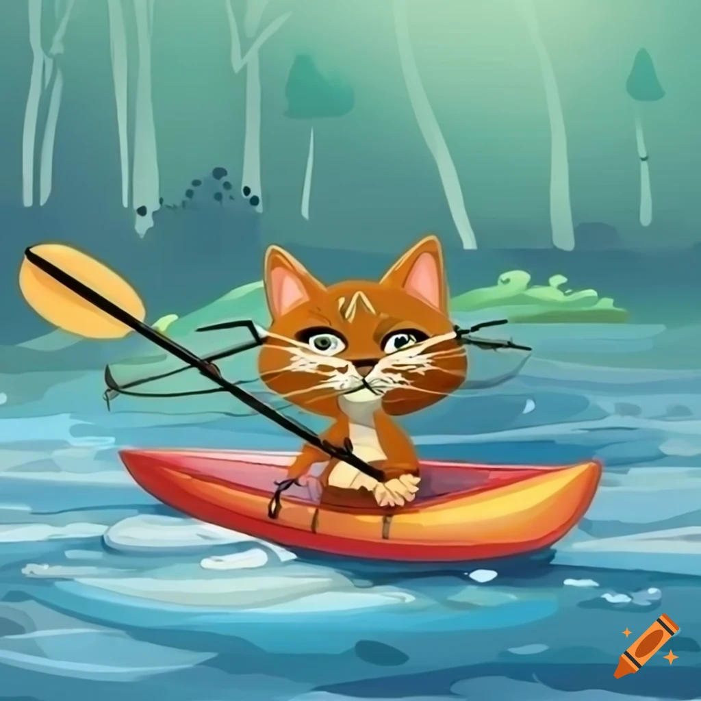 cartoon cat kayaking on a river