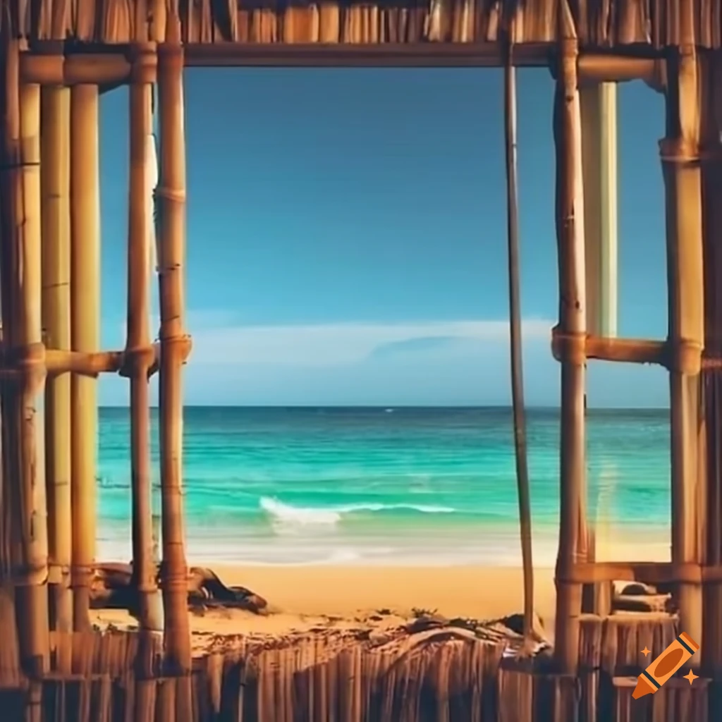 view of a Hawaiian beach through a bamboo window