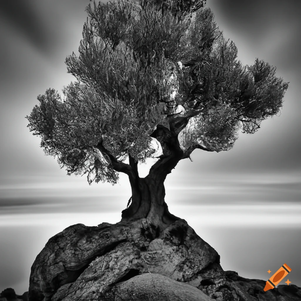 black and white photo of an olive tree growing on a rock