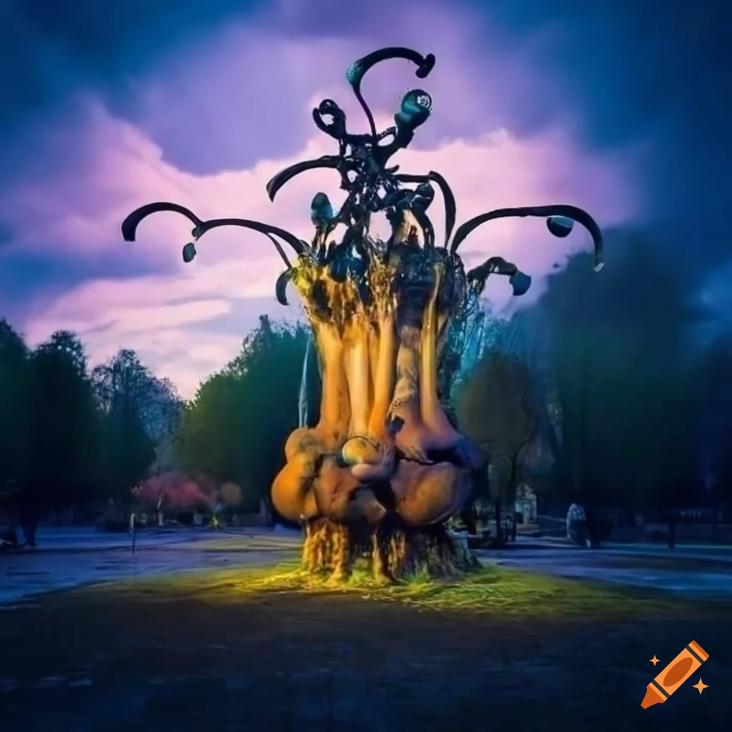 surreal urban park with modern sculptures and surreal lamps