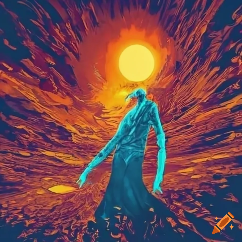 artwork of a man walking on fire