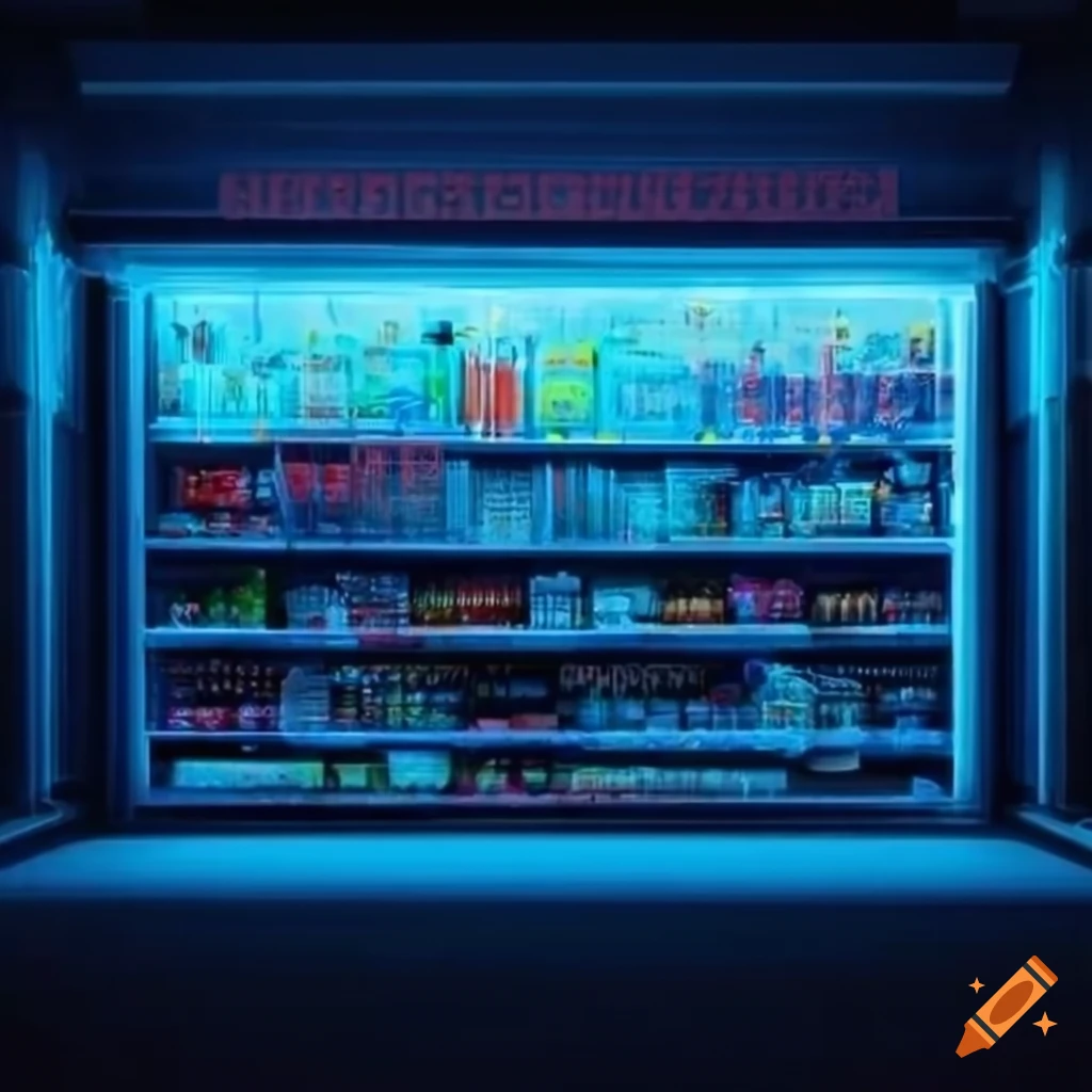 hyper realistic view of a neon-lit grocery store at night