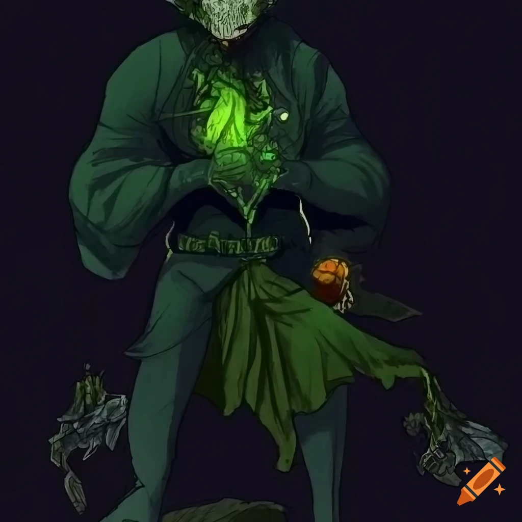 concept art of Fro' sa, a lich-inspired character with a raven skull head