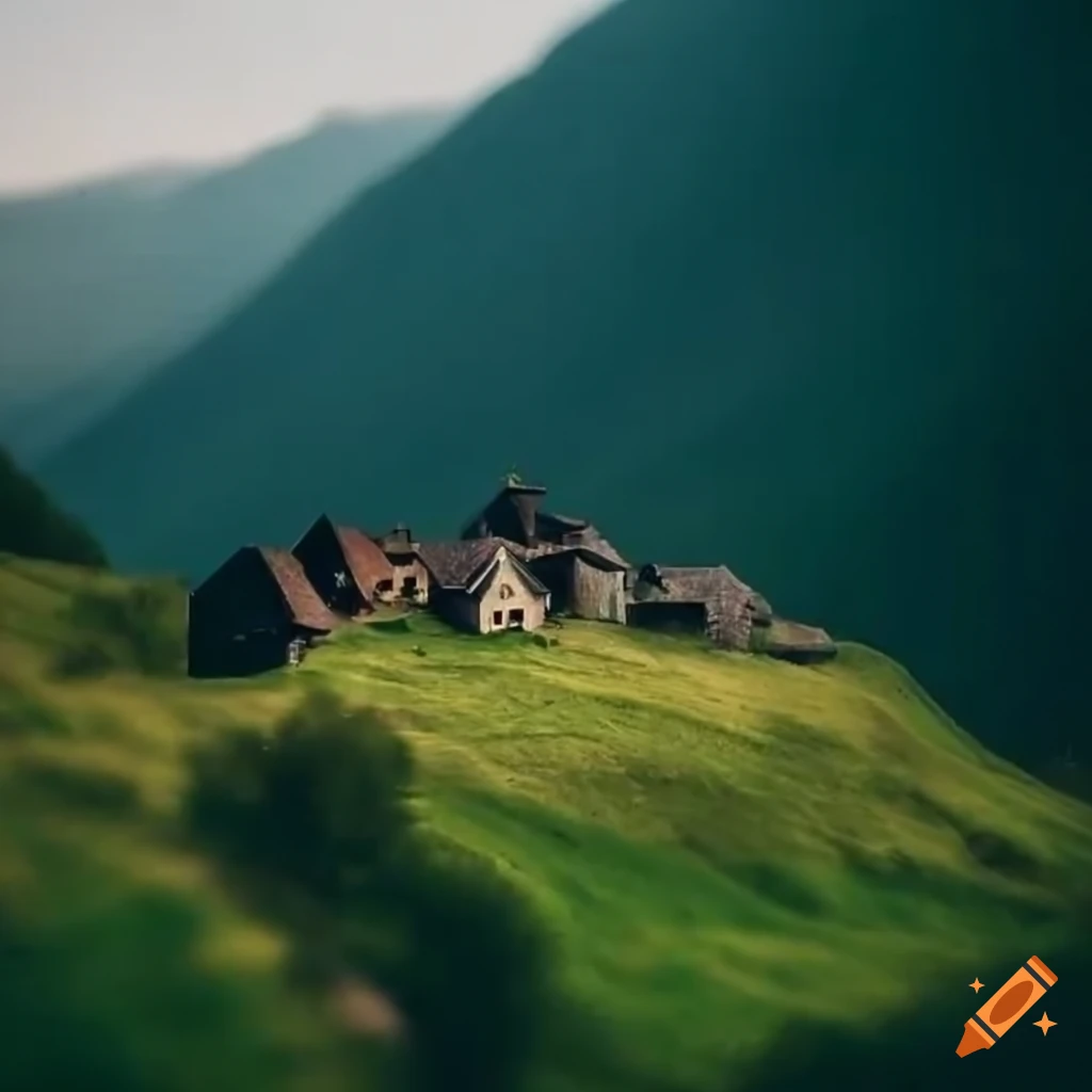 Medieval hamlet in the mountains with cultivated land