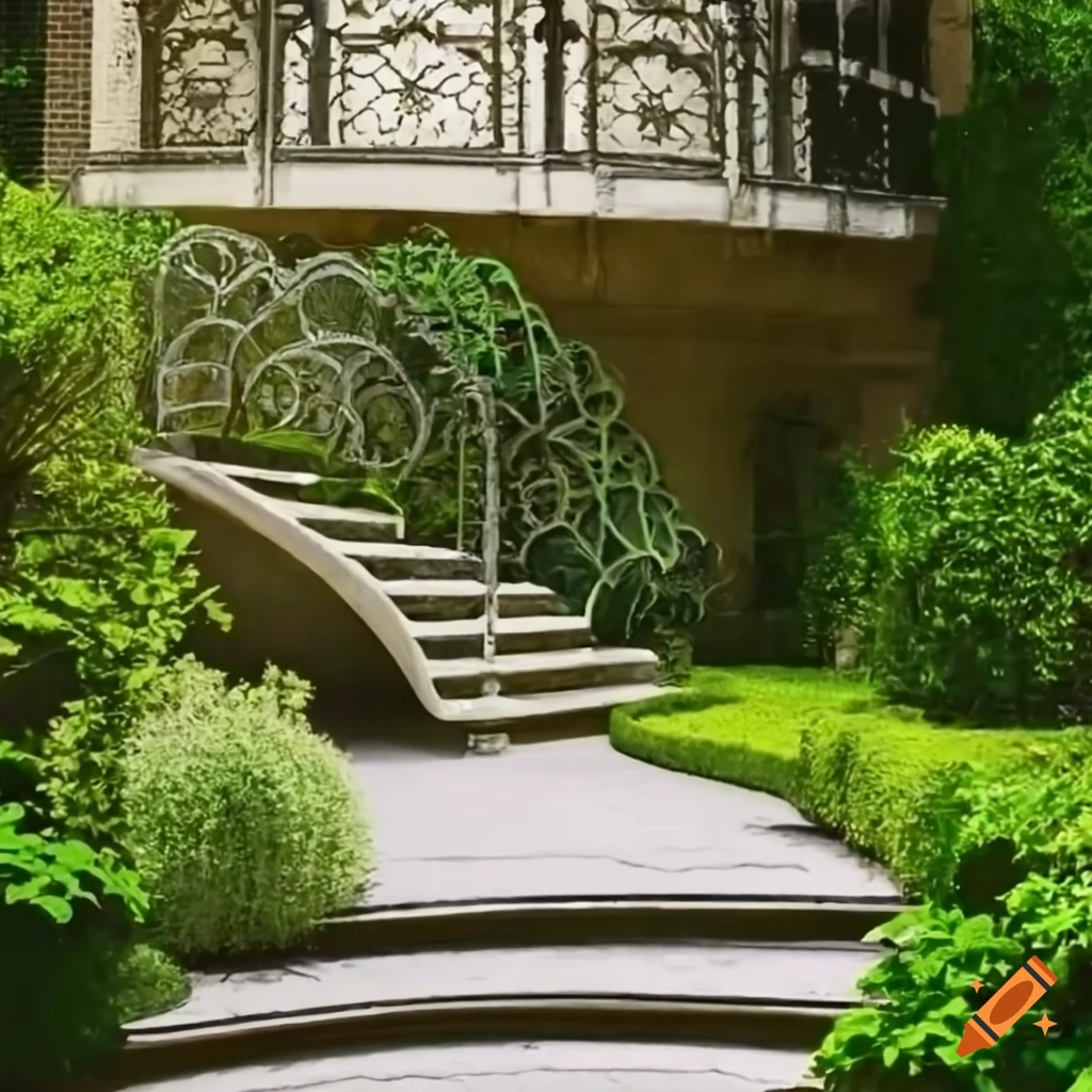 silver stairs in a garden leading to a balcony