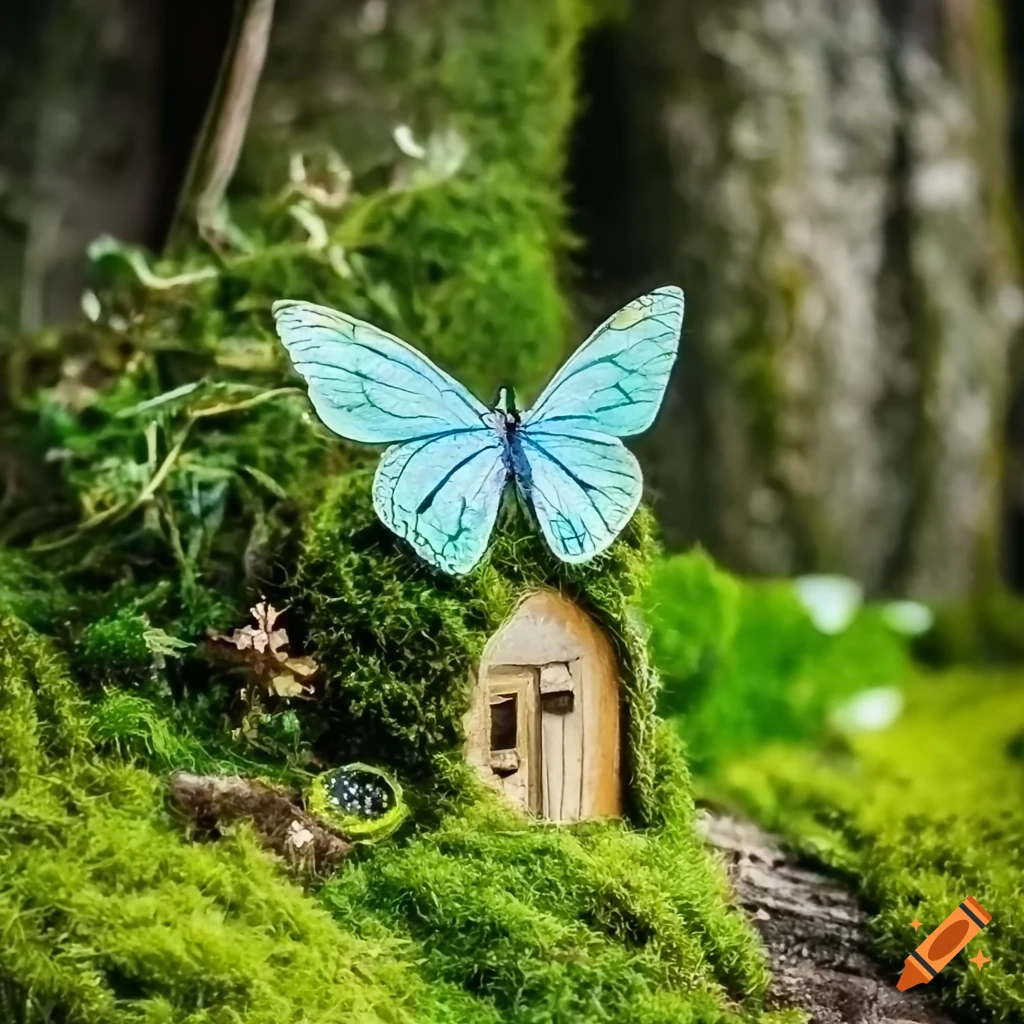 Photo realistic image of a butterfly on a moss fairy house on Craiyon, image size:1024x1024