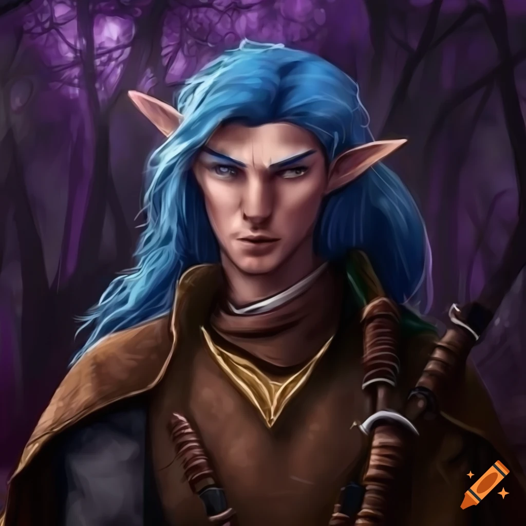 Half elf bard playing bagpipes in a rainy forest on Craiyon