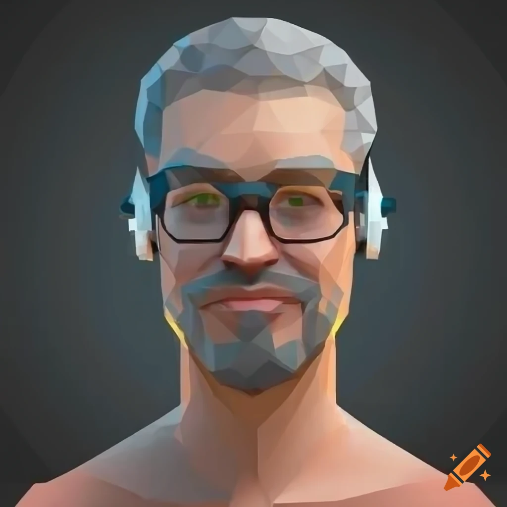 low poly headshot of a telecommunications technician with dark hair and glasses