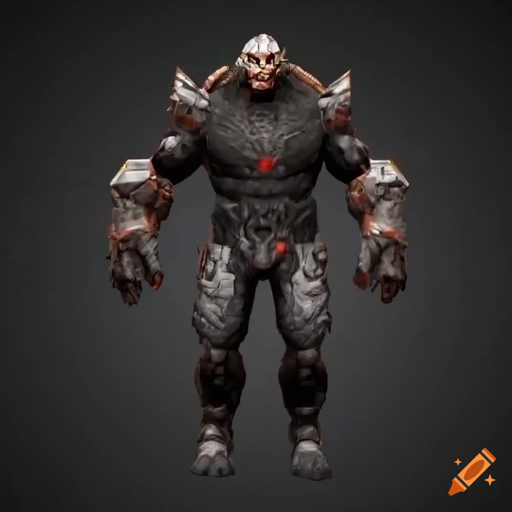 image of a black stone muscle golem with a red-haired sci-fi elf ogre man