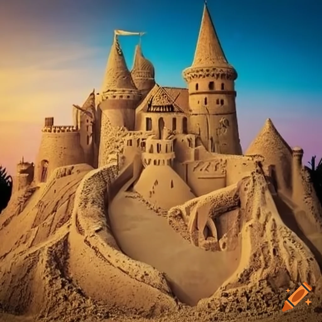 Sand sculpture of disney castle on a sunny beach on Craiyon