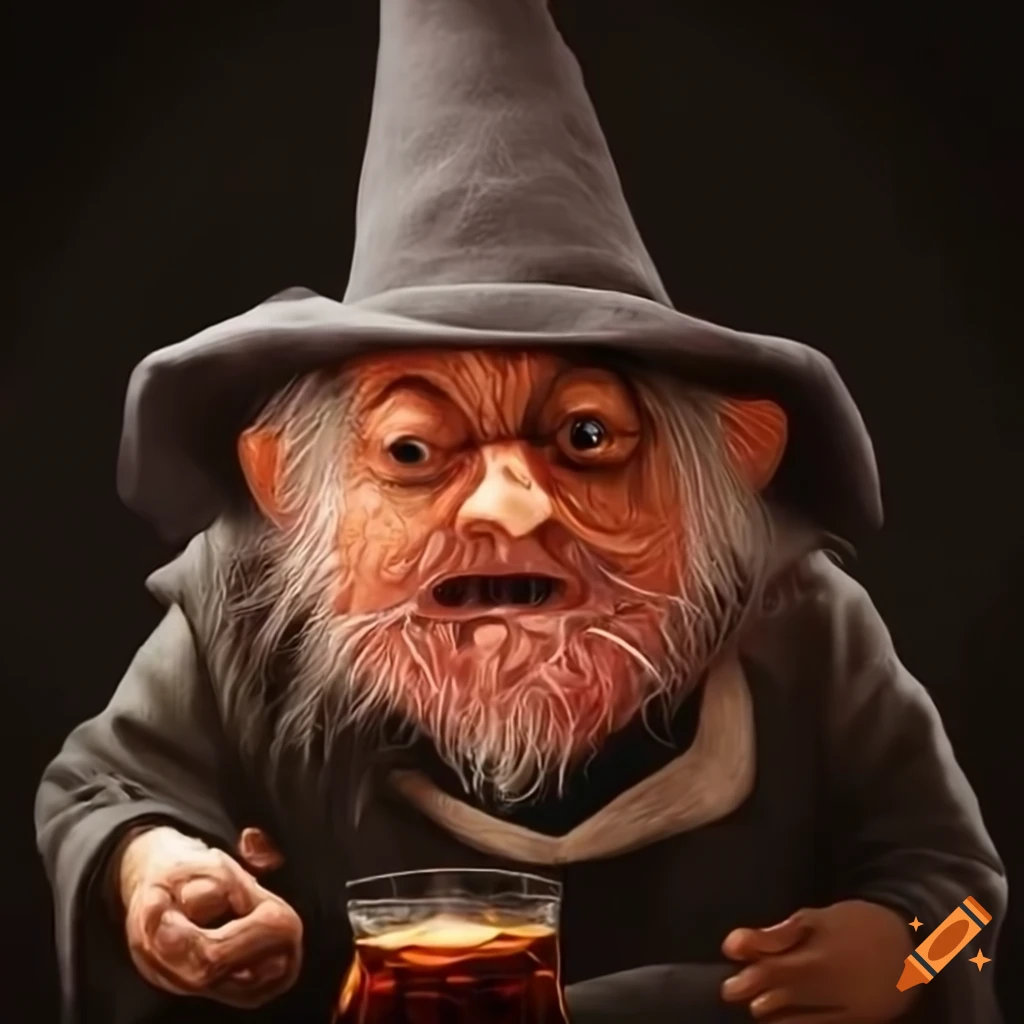 humorous depiction of Professor Flitwick as a dwarf drinking whiskey