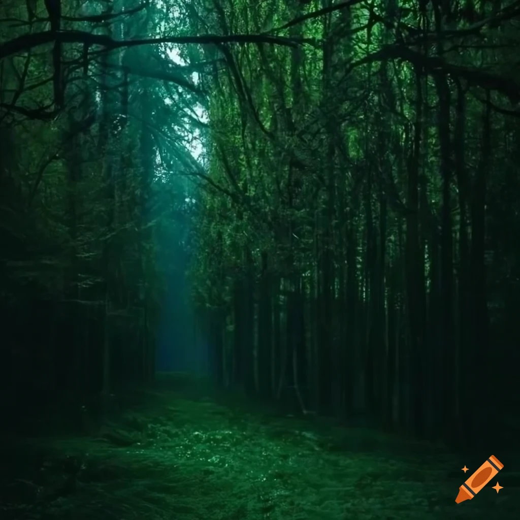 sunlight filtering through dark green leaves in a forest