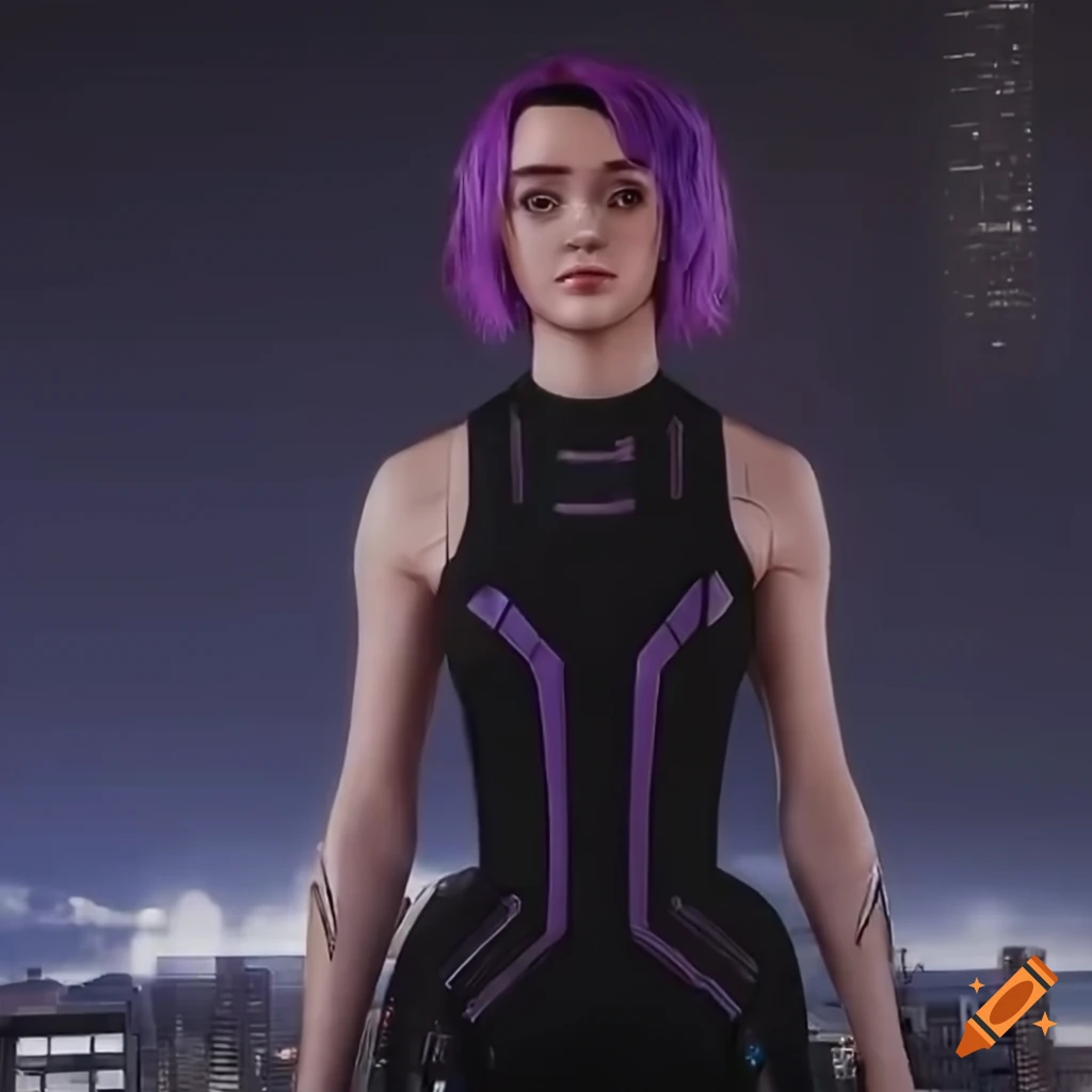 image of Maisie Williams on the rooftop of a futuristic skyscraper