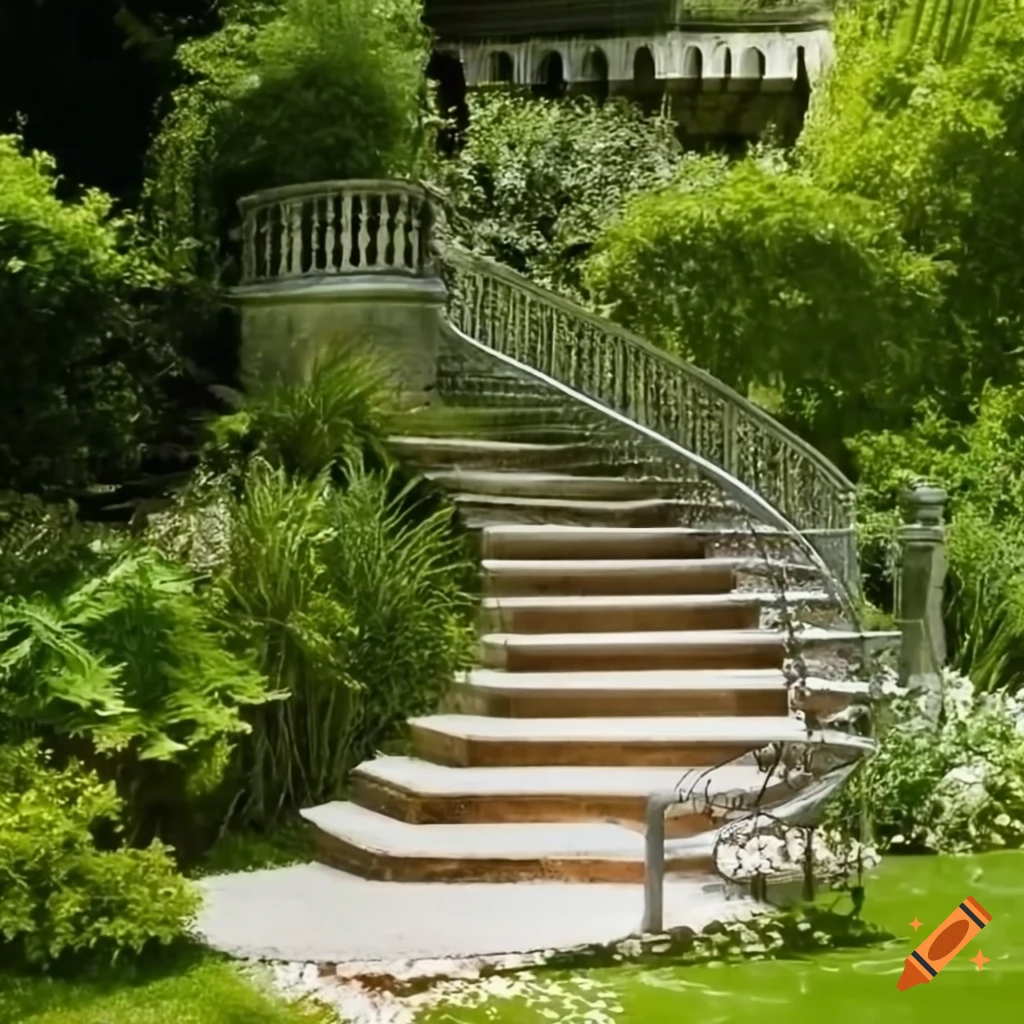 curved silver stairs leading to a balcony in a garden