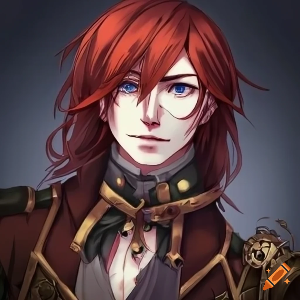 character design of a kind-looking steampunk man with long red hair and blue eyes