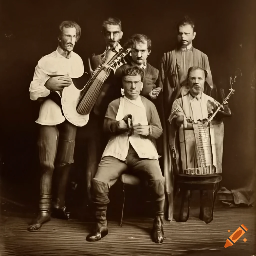 Group of male folk musicians in a vintage photo
