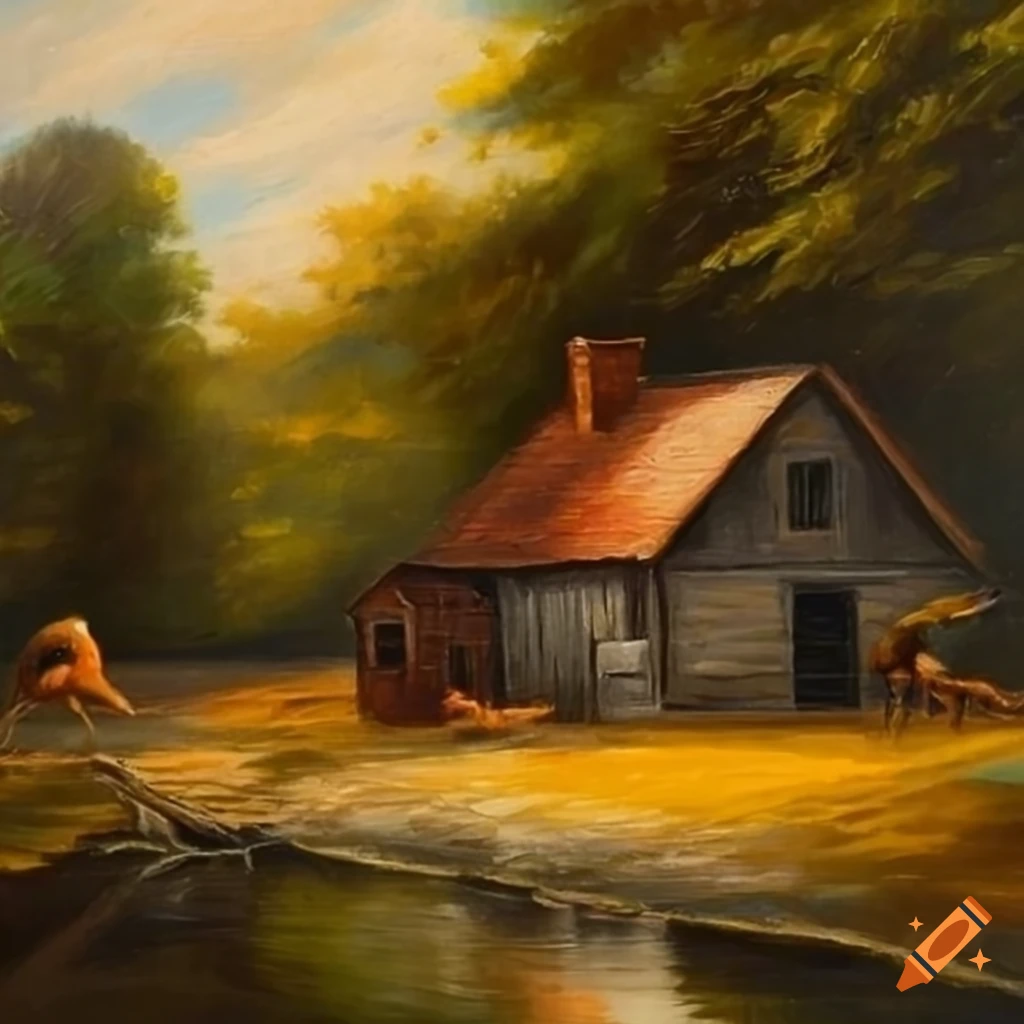 oil painting of a farm scene with ducks and stable