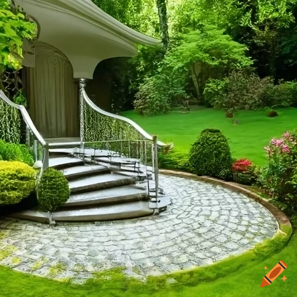 curved silver stairs leading to a balcony in a garden