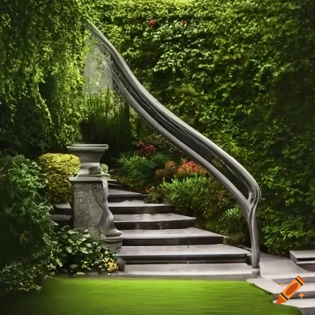 curved silver stairs leading to an Islamic balcony in a garden