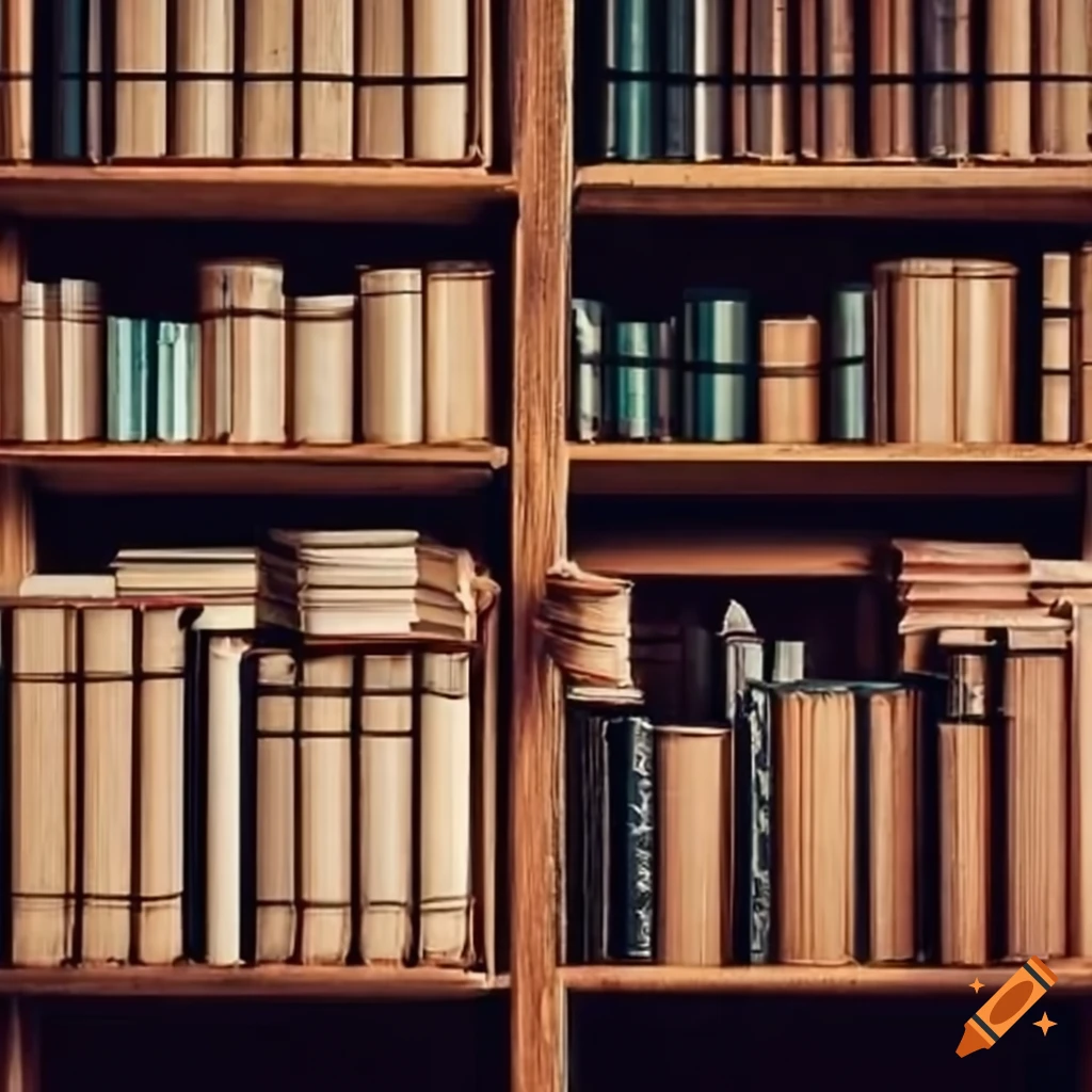 Organized collection of books on a wooden shelf on Craiyon