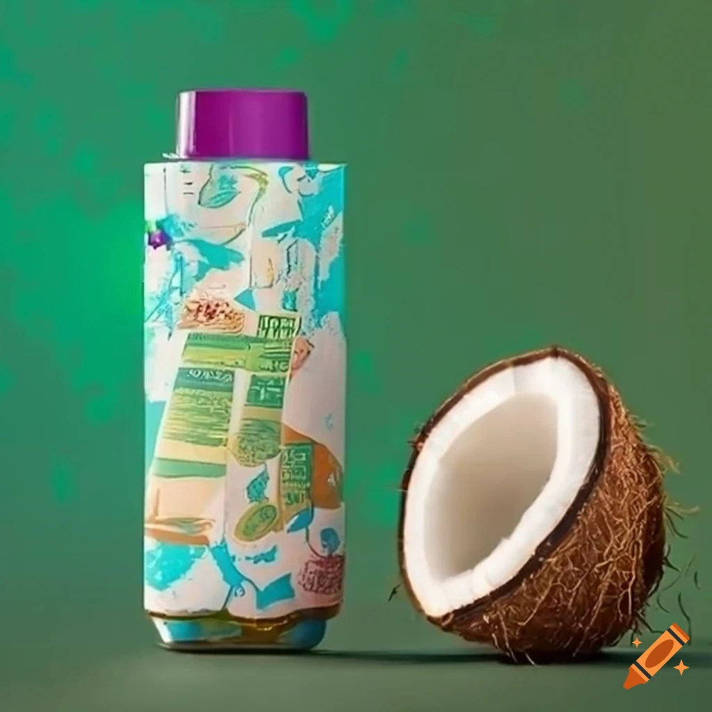 Sustainable packaging of a coconut energy drink on Craiyon