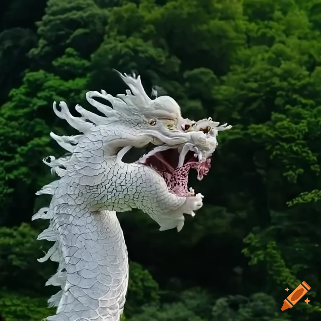 artistic depiction of a white Chinese dragon in the sky