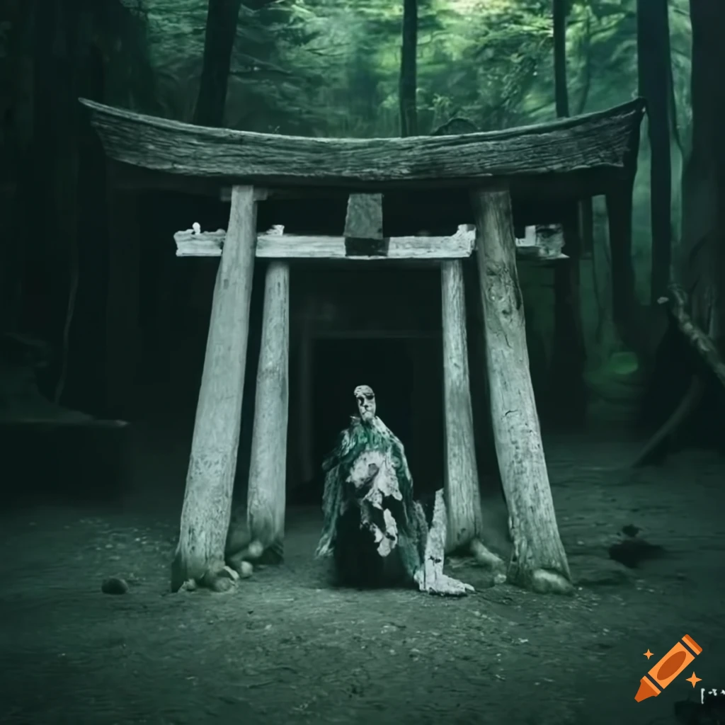 Image of an old shrine and torii in a deep forest on Craiyon