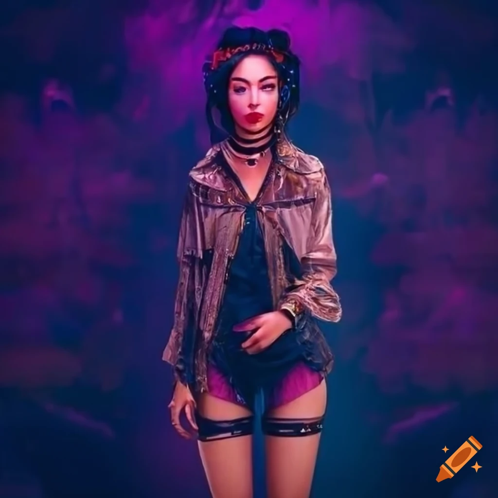 elegant boho cyberpunk woman in stylish outfit