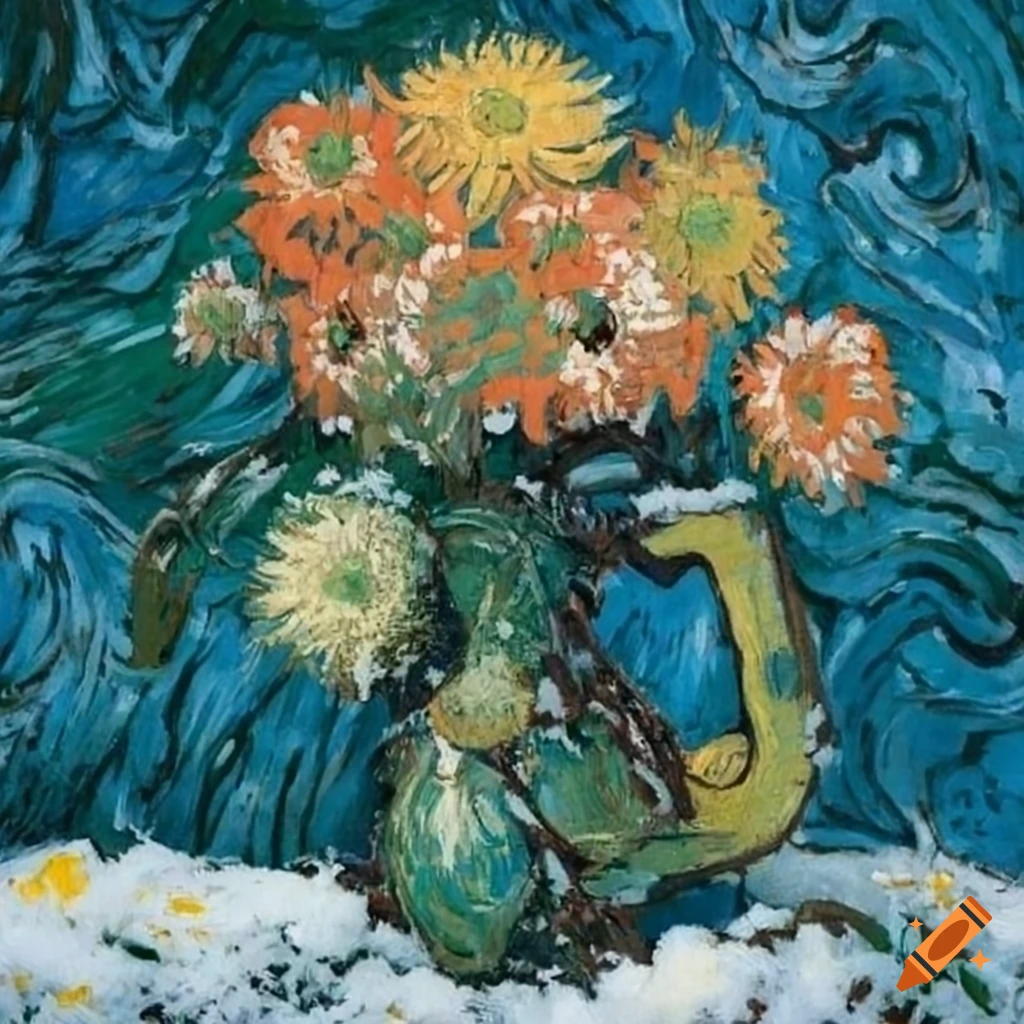 Van goghstyle painting of flowers in the snow on Craiyon