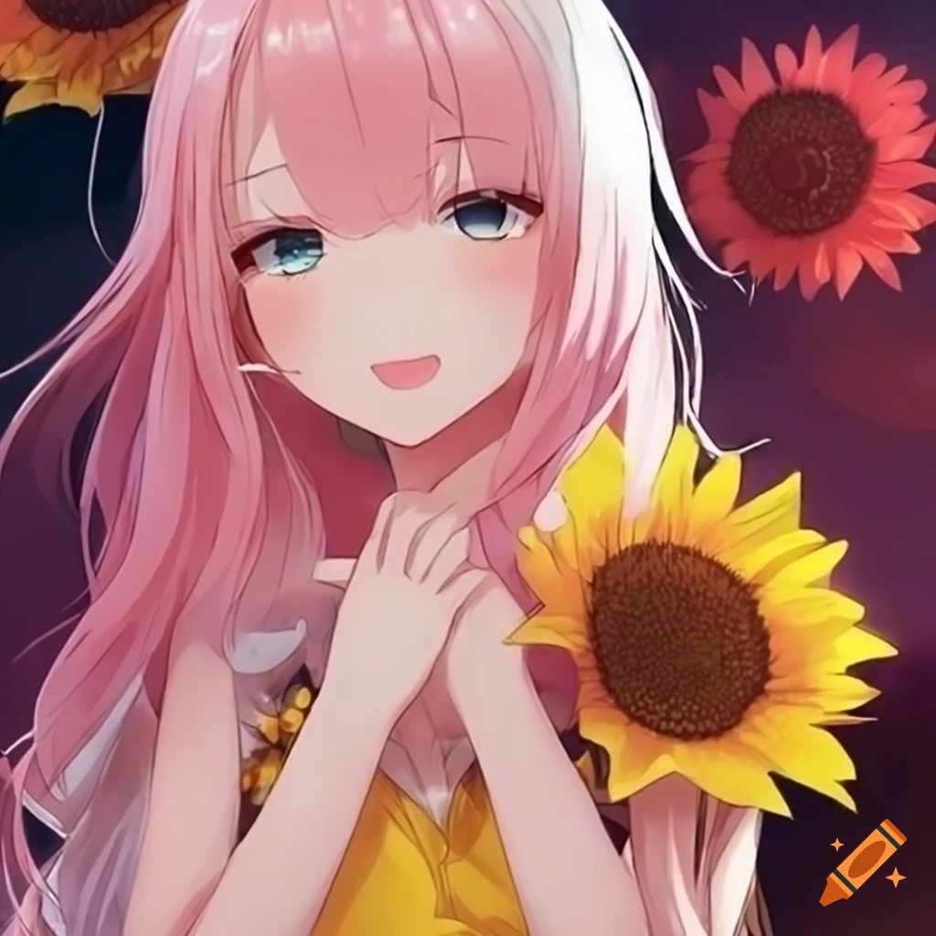 cute anime girl with pink hair wearing a white dress and holding sunflower