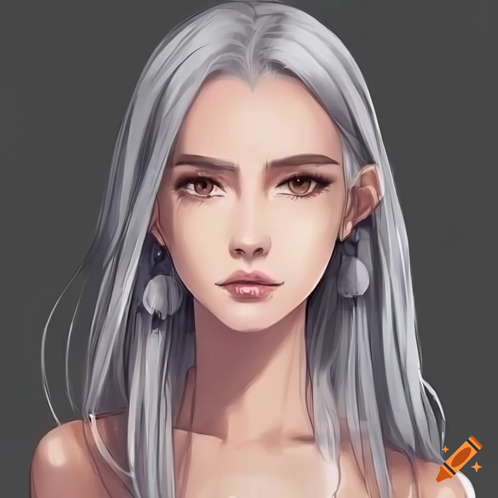 anime-style depiction of a beautiful young woman with long grey hair