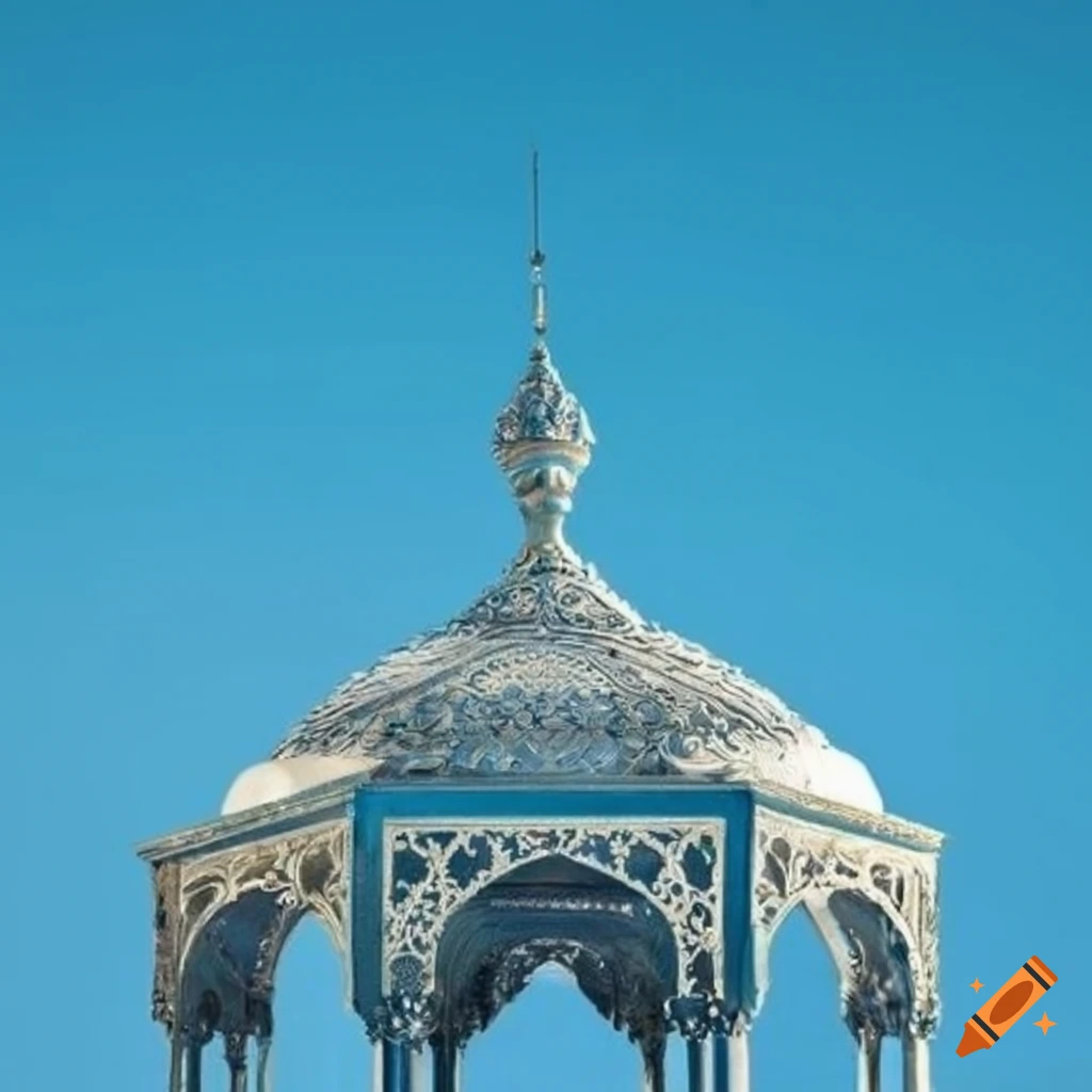 blue and silver Islamic ornamental gazebo against a sky background