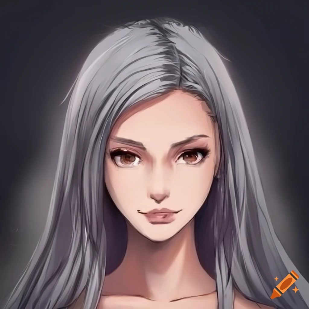 beautiful anime style girl with white hair and brown eyes, face