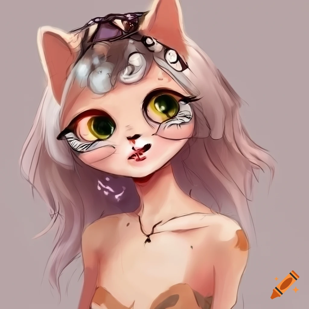 cartoony doodle of a tomboyish lady with cat features