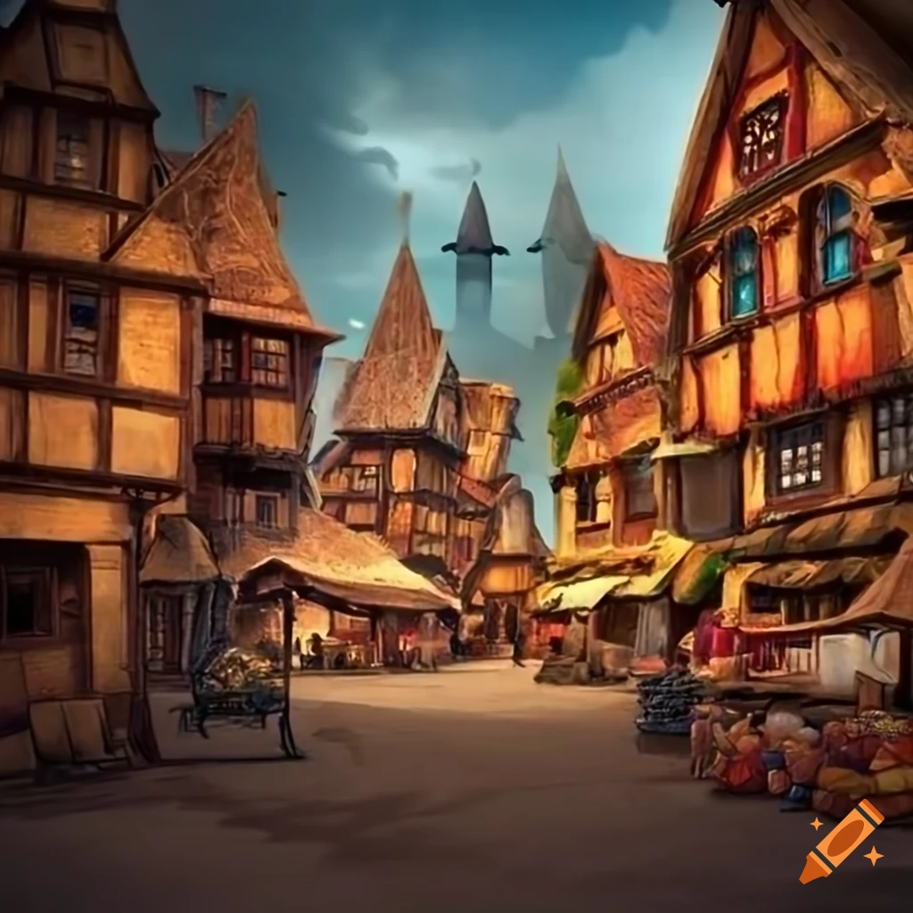 Detailed photograph of a fantasy town marketplace on Craiyon