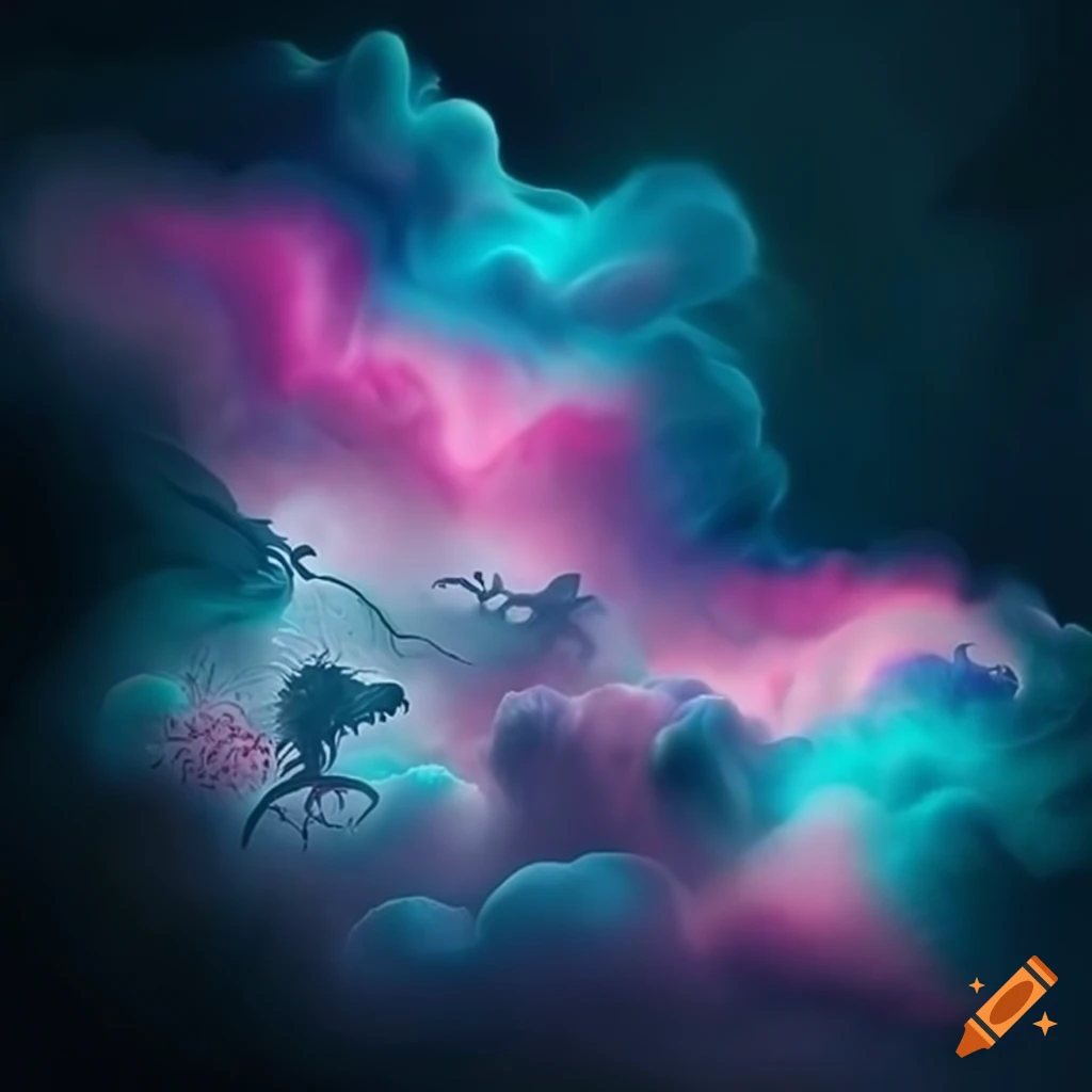 fluffy clouds transforming into fantastical creatures