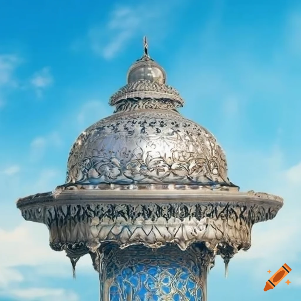 sky blue Islamic gazebo with a silver fountain