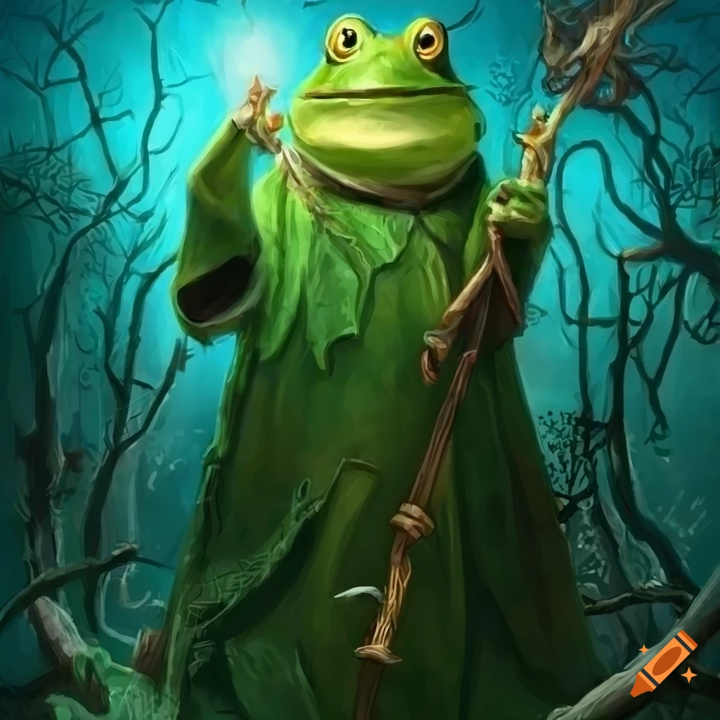illustration of a green frog wizard