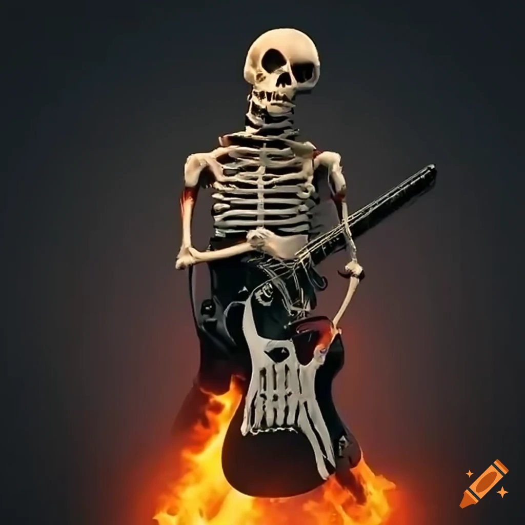 Skeleton playing electric guitar surrounded by flames
