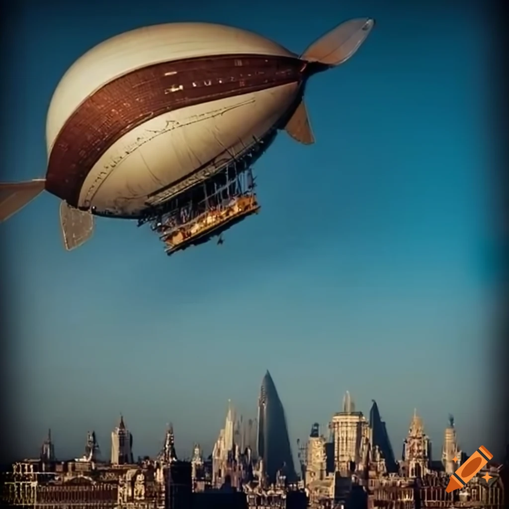 vibrant steampunk city with airships in the sky