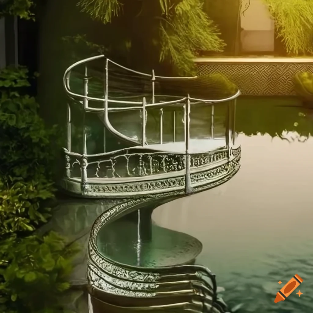 curved silver stairs in a garden leading to a balcony